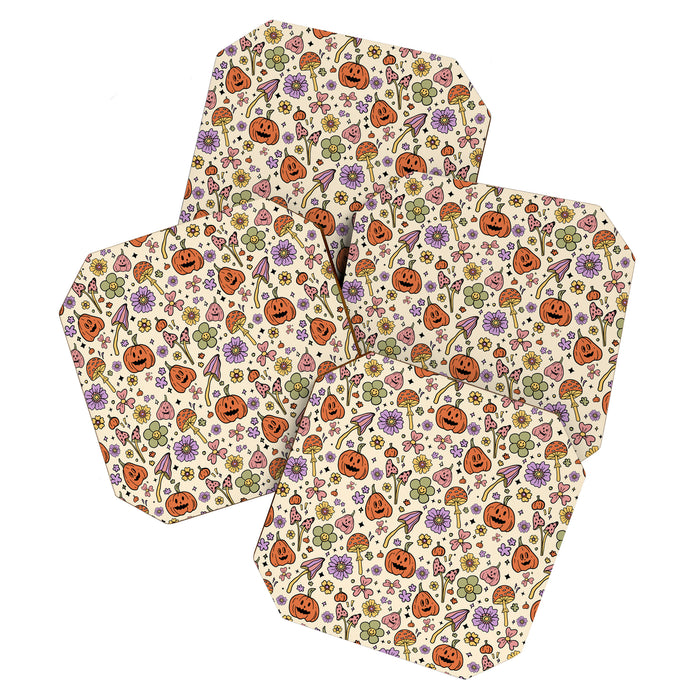 Whimsical Halloween Pattern Cute Pumpkins Mushrooms and Flowers in Pastel Autumn Colors Coaster Gallery Image 1