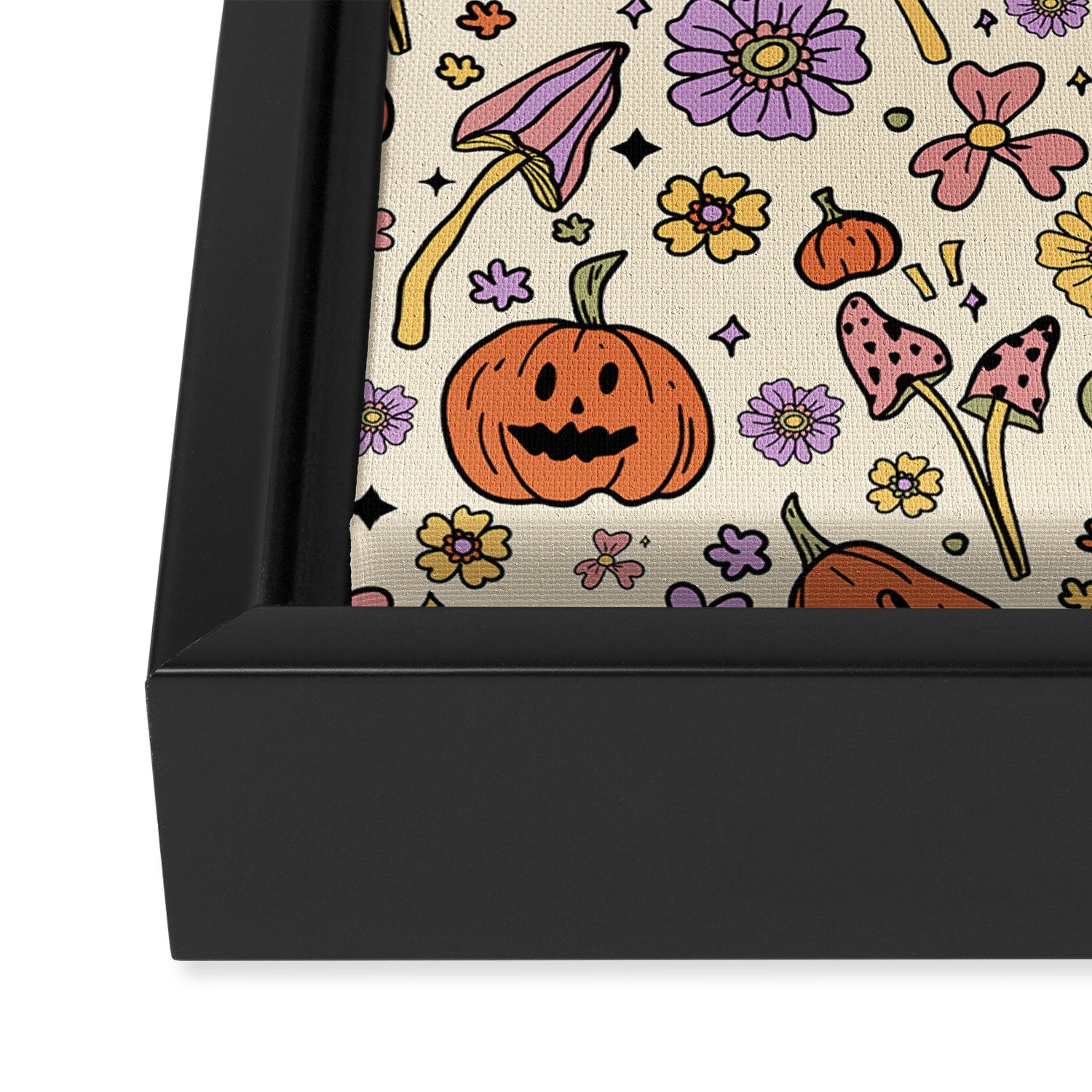 Whimsical Halloween Pattern Cute Pumpkins Mushrooms and Flowers in Pastel Autumn Colors Framed Canvas Print Gallery Image 3