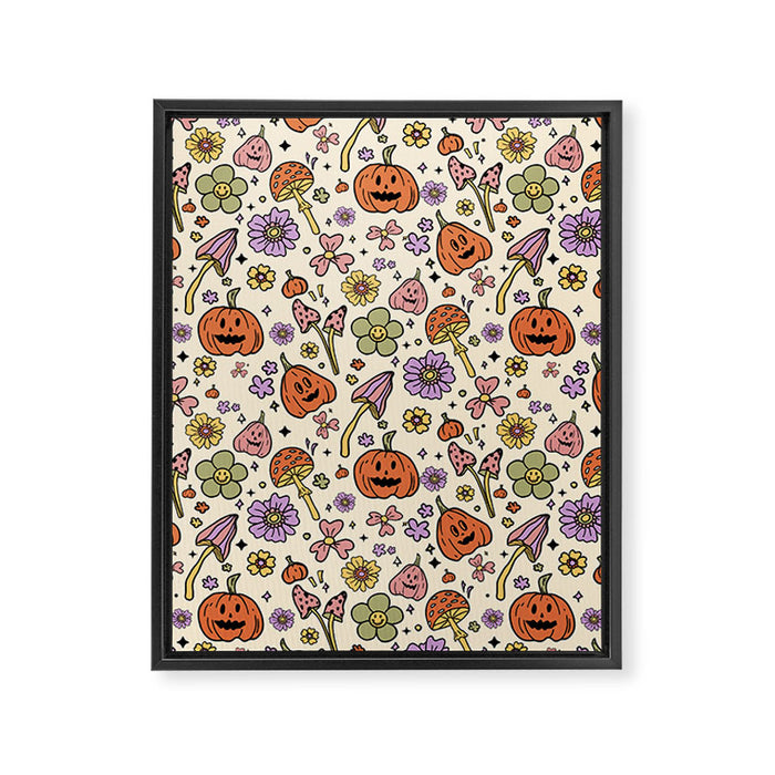 Whimsical Halloween Pattern Cute Pumpkins Mushrooms and Flowers in Pastel Autumn Colors Framed Canvas Print Gallery Image 1