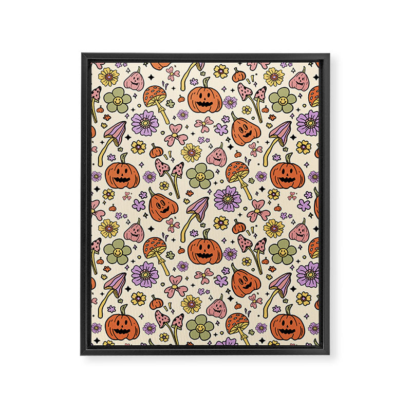 Whimsical Halloween Pattern Cute Pumpkins Mushrooms and Flowers in Pastel Autumn Colors Framed Canvas Print Gallery Image 8