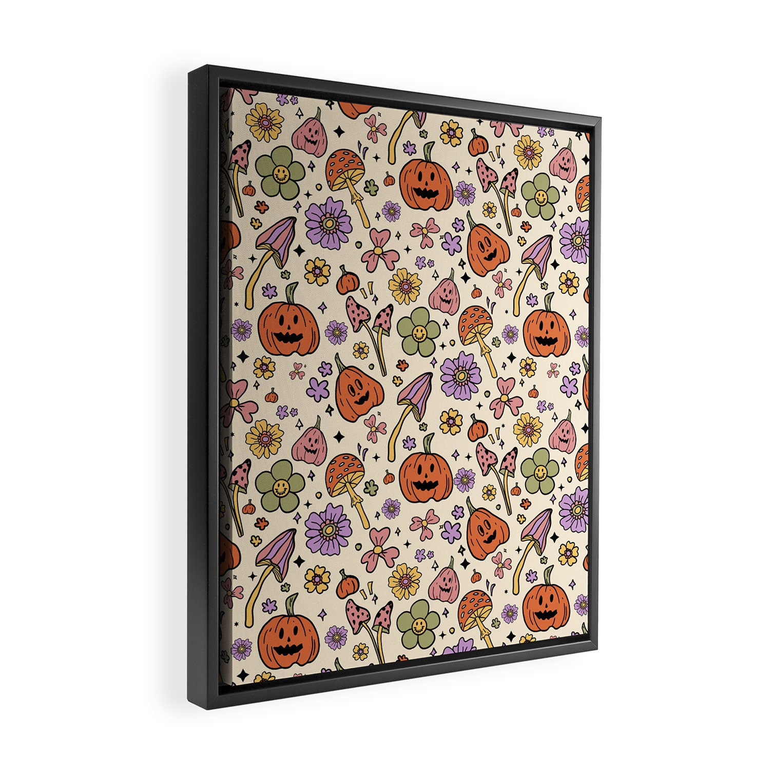 Whimsical Halloween Pattern Cute Pumpkins Mushrooms and Flowers in Pastel Autumn Colors Framed Canvas Print Gallery Image 2
