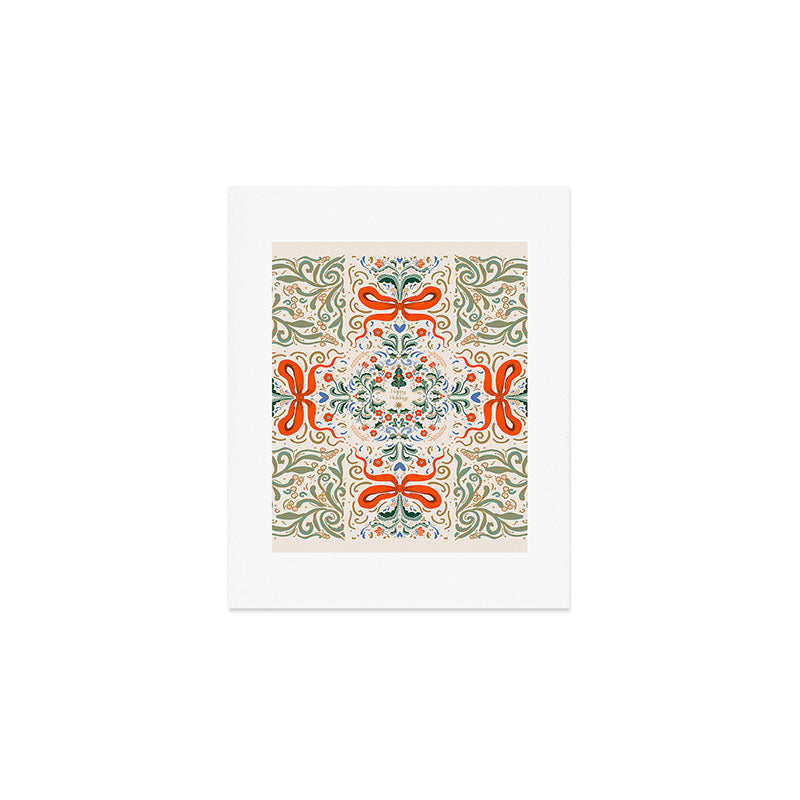 Whimsical Holiday Bows and Florals Pattern  Festive Folk Art Inspired Design Art Print Gallery Image 1