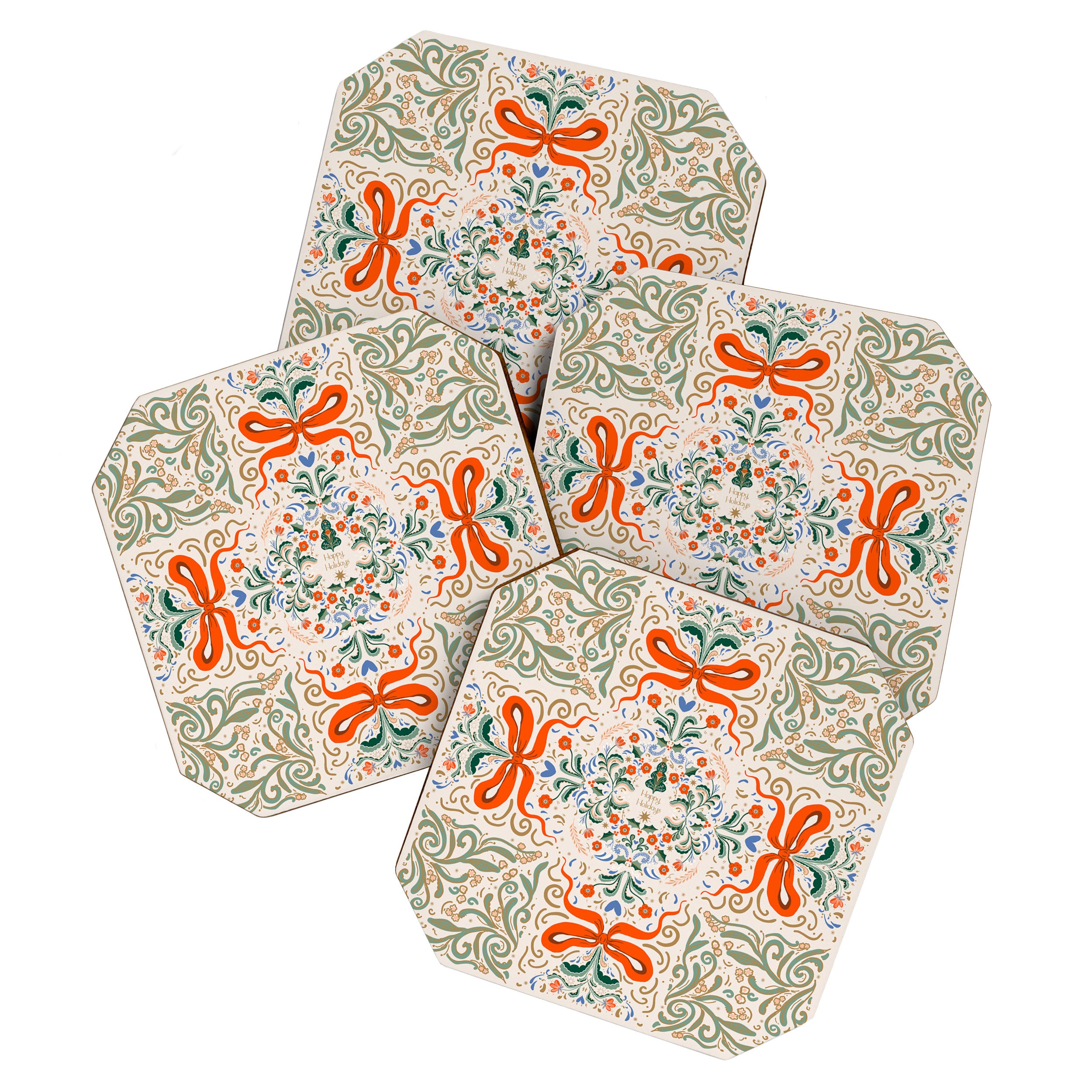 Whimsical Holiday Bows and Florals Pattern  Festive Folk Art Inspired Design Coaster Gallery Image 1