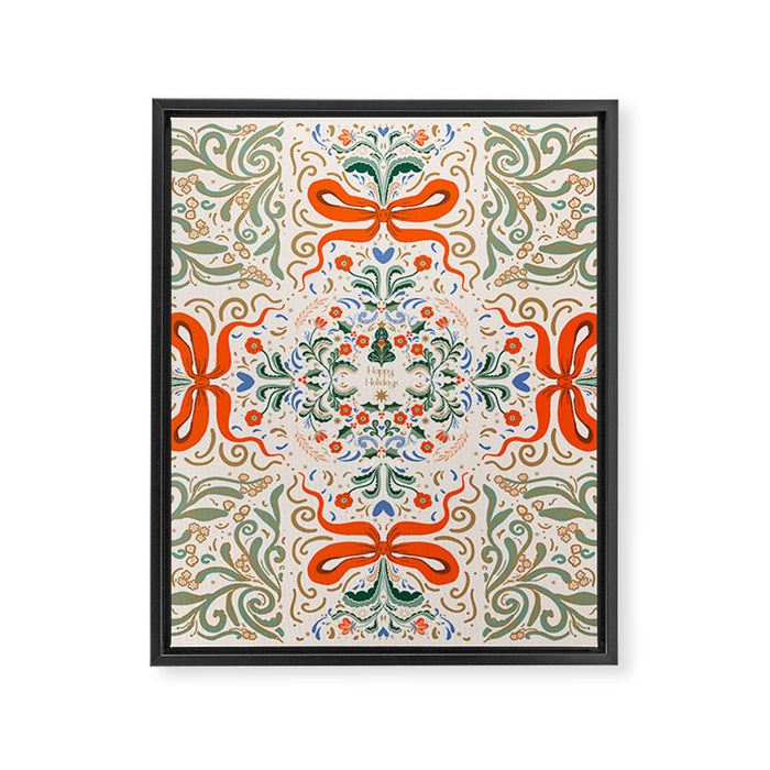 Whimsical Holiday Bows and Florals Pattern  Festive Folk Art Inspired Design Framed Canvas Print Gallery Image 1