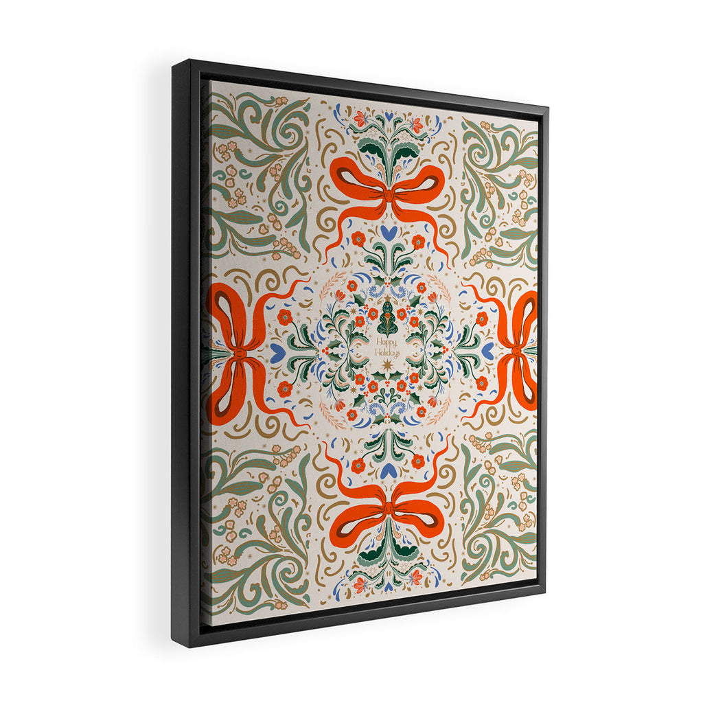 Whimsical Holiday Bows and Florals Pattern  Festive Folk Art Inspired Design Framed Canvas Print Gallery Image 2