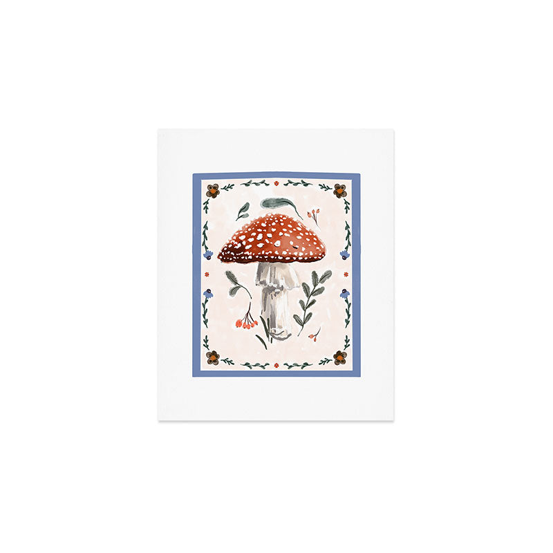 Whimsical Red Mushroom with Floral Border  Art Print Gallery Image 1