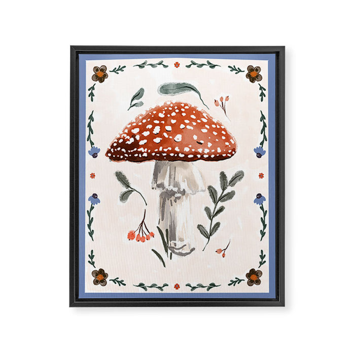 Whimsical Red Mushroom with Floral Border  Framed Canvas Print Gallery Image 1