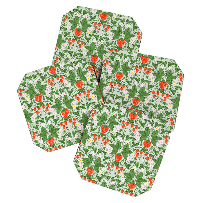 Whimsical Strawberry Vine and Floral Garden Pattern Coaster Gallery Image 1
