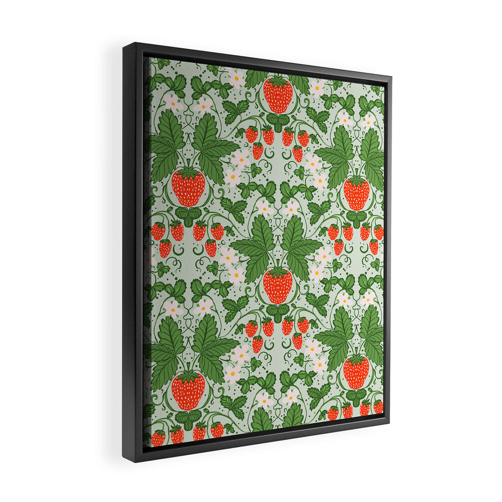Whimsical Strawberry Vine and Floral Garden Pattern Framed Canvas Print Gallery Image 2