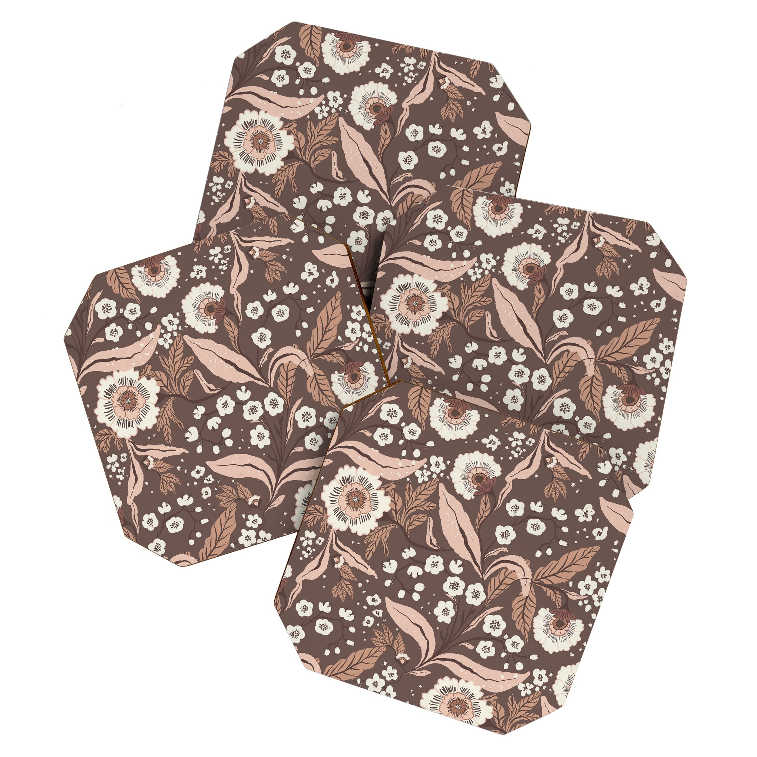 Winter Floral Vintage Pattern Warm Brown and Blush Botanical Design Coaster Gallery Image 1