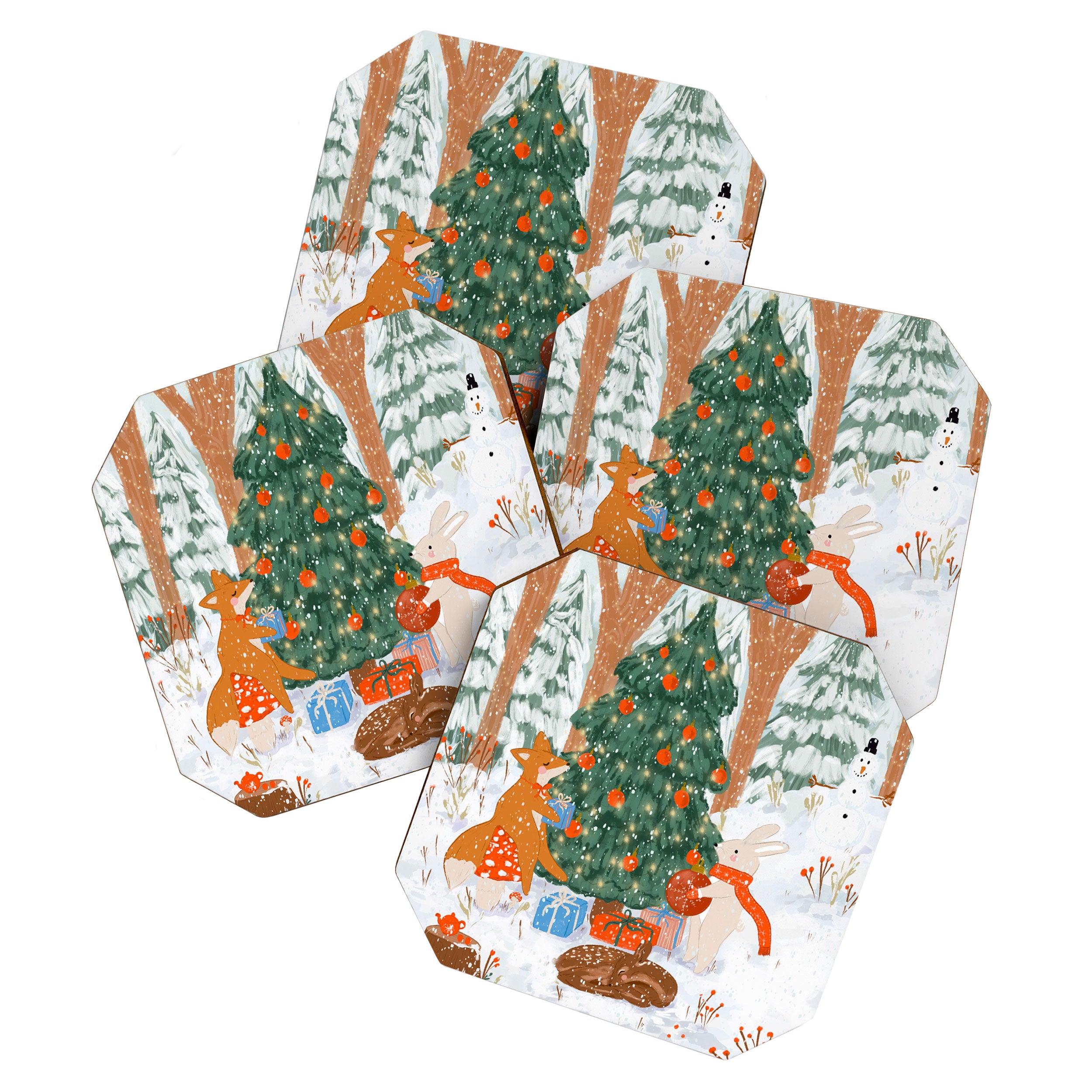 Woodland Winter Wonderland Festive Forest Animals and Christmas Tree Illustration Coaster Gallery Image 1