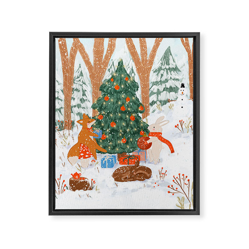 Woodland Winter Wonderland Festive Forest Animals and Christmas Tree Illustration Framed Canvas Print Gallery Image 6