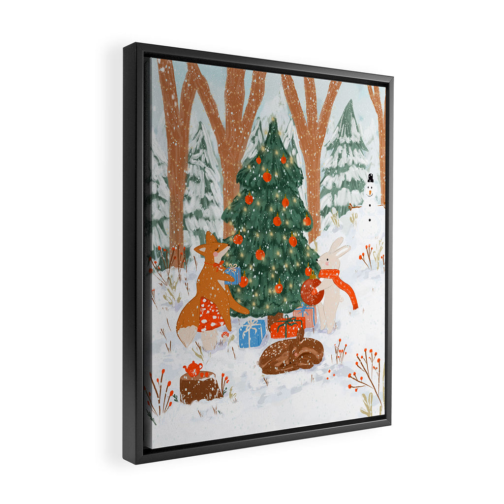 Woodland Winter Wonderland Festive Forest Animals and Christmas Tree Illustration Framed Canvas Print Gallery Image 2