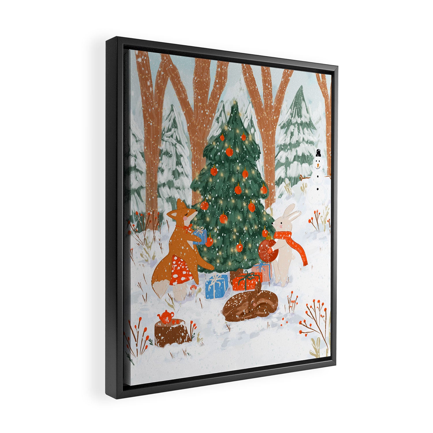 Woodland Winter Wonderland Festive Forest Animals and Christmas Tree Illustration Framed Canvas Print Gallery Image 2