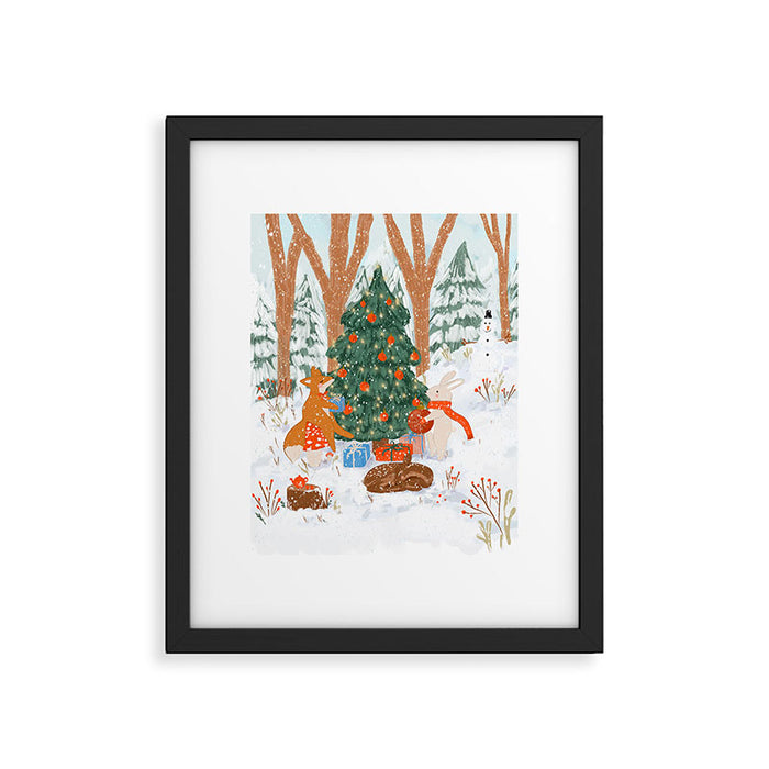 Woodland Winter Wonderland Festive Forest Animals and Christmas Tree Illustration Framed Art Print Gallery Image 1
