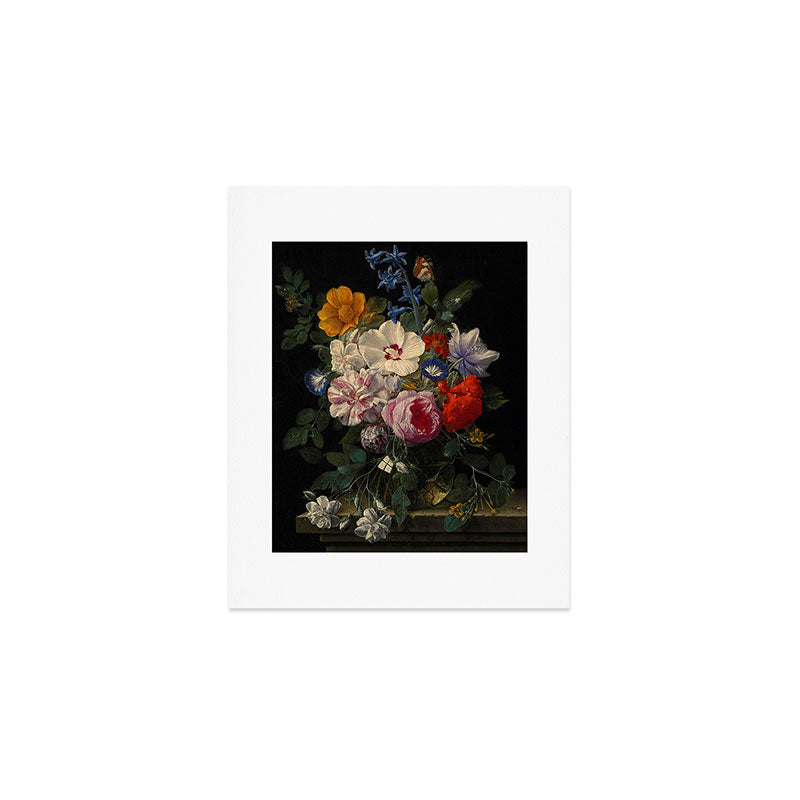 Nicolaes van Veerendael "Flowers in a glass vase with a butterfly and beetle on a stone ledge" Art Print Gallery Image 1