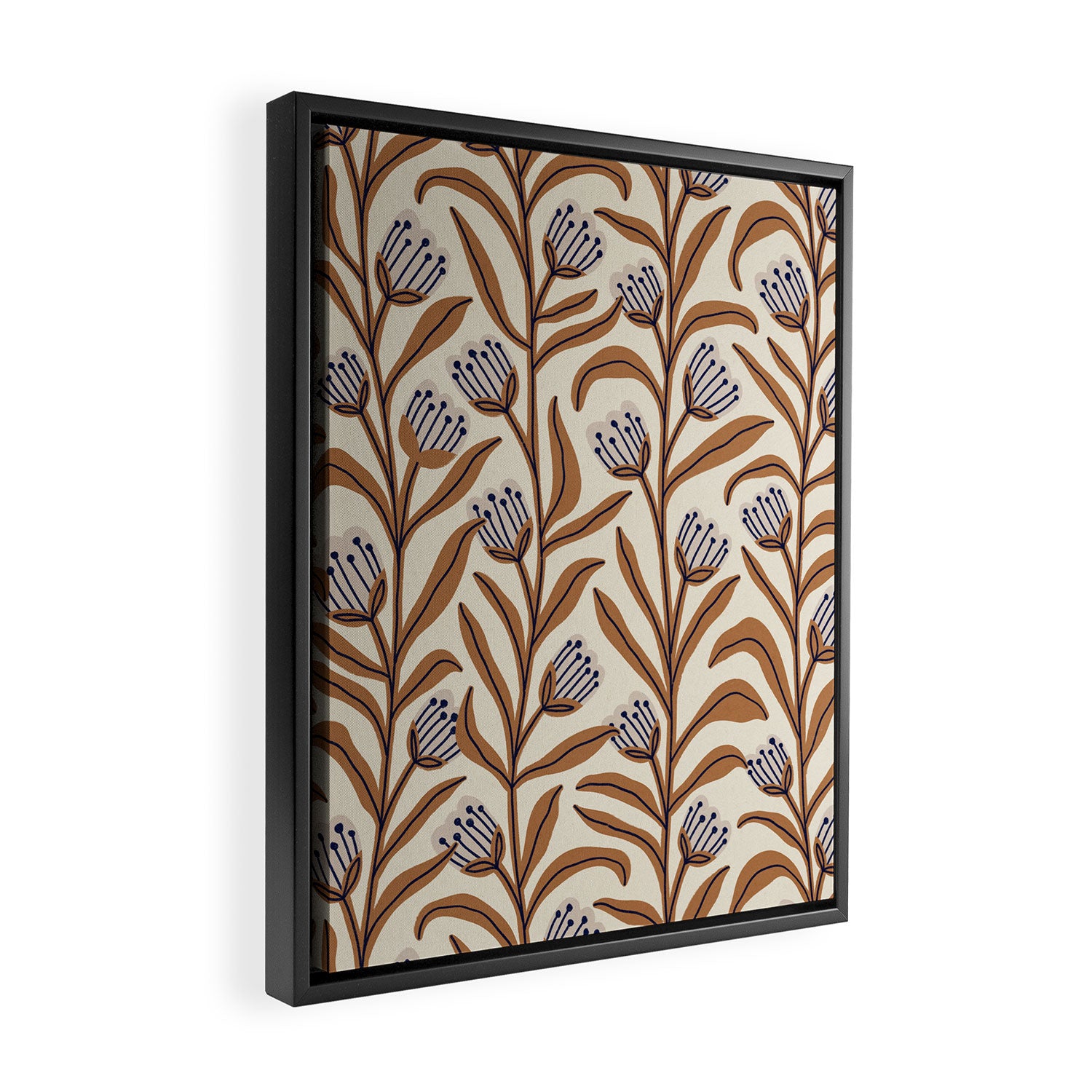 Bellflower Pattern / Brown, Ivory & Grey Framed Canvas Print Gallery Image 2