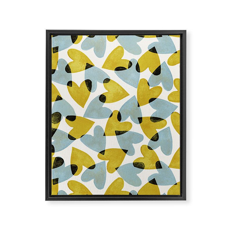 Linocut Hearts / Blue & Yellow Framed Canvas Print Gallery Image 6
