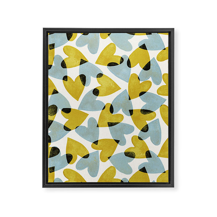 Linocut Hearts / Blue & Yellow Framed Canvas Print Gallery Image 1