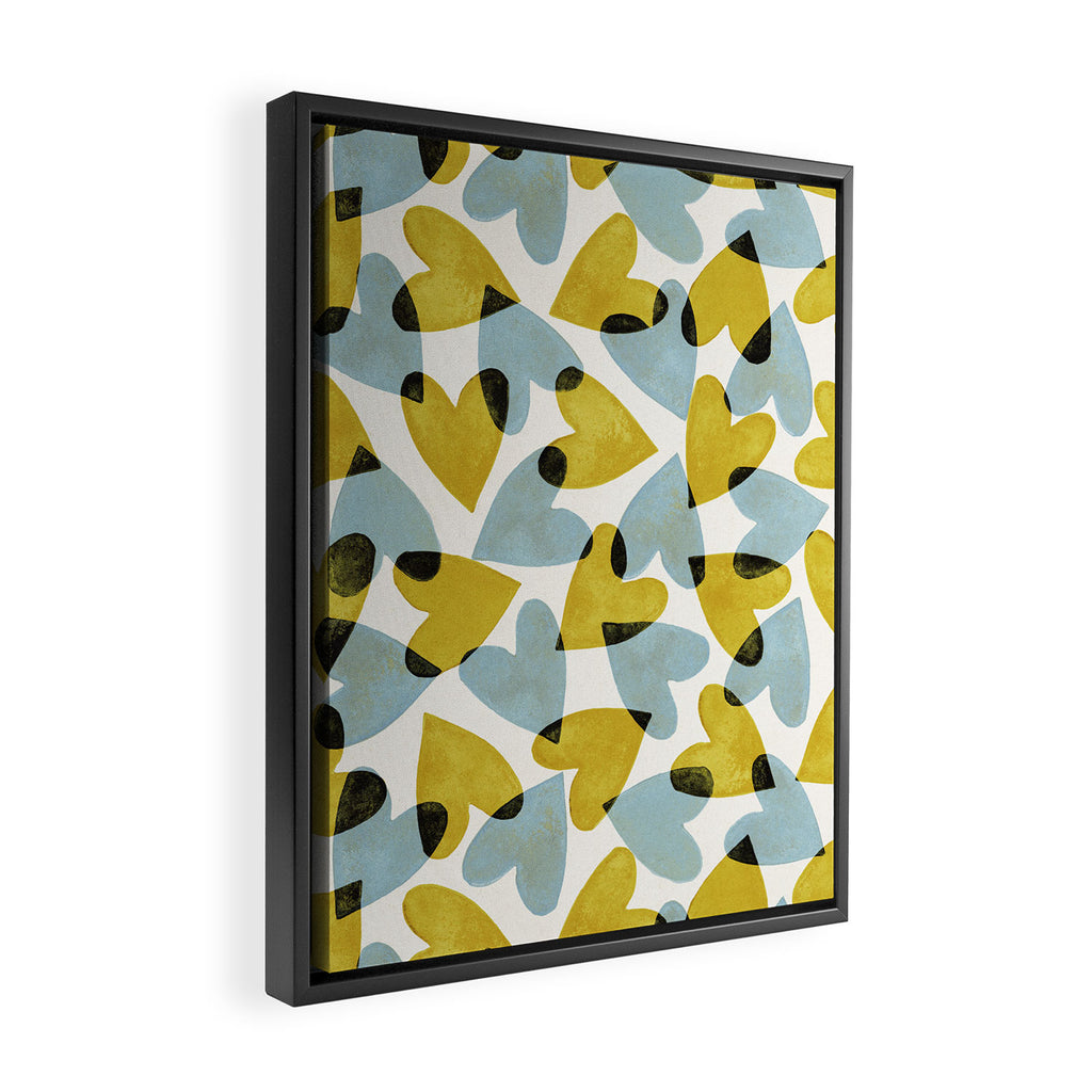 Linocut Hearts / Blue & Yellow Framed Canvas Print Gallery Image 2