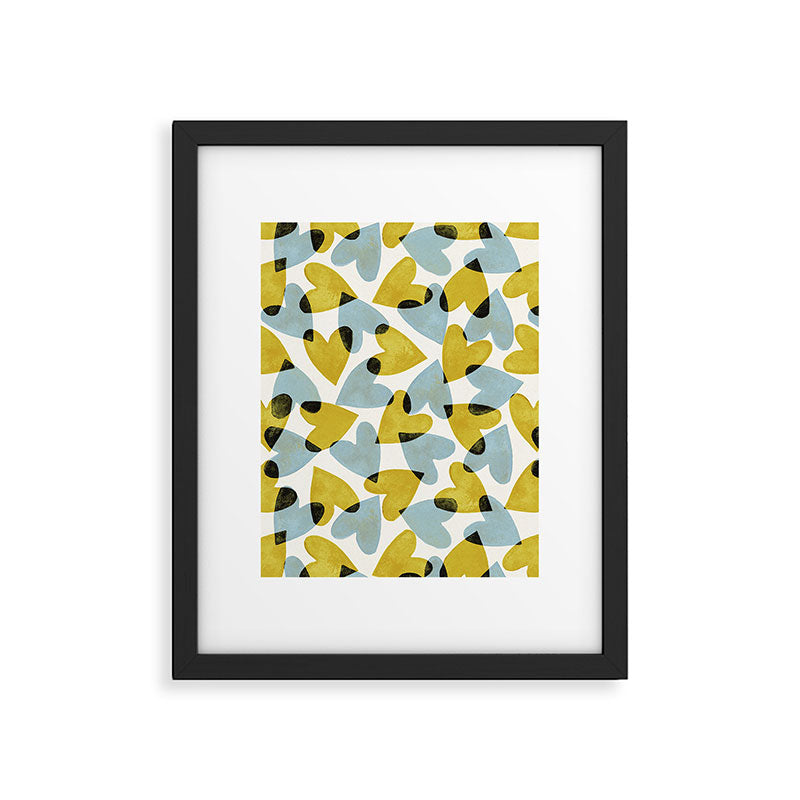 Linocut Hearts / Blue & Yellow Framed Art Print Gallery Image 5