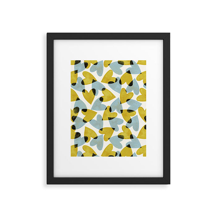 Linocut Hearts / Blue & Yellow Framed Art Print Gallery Image 1