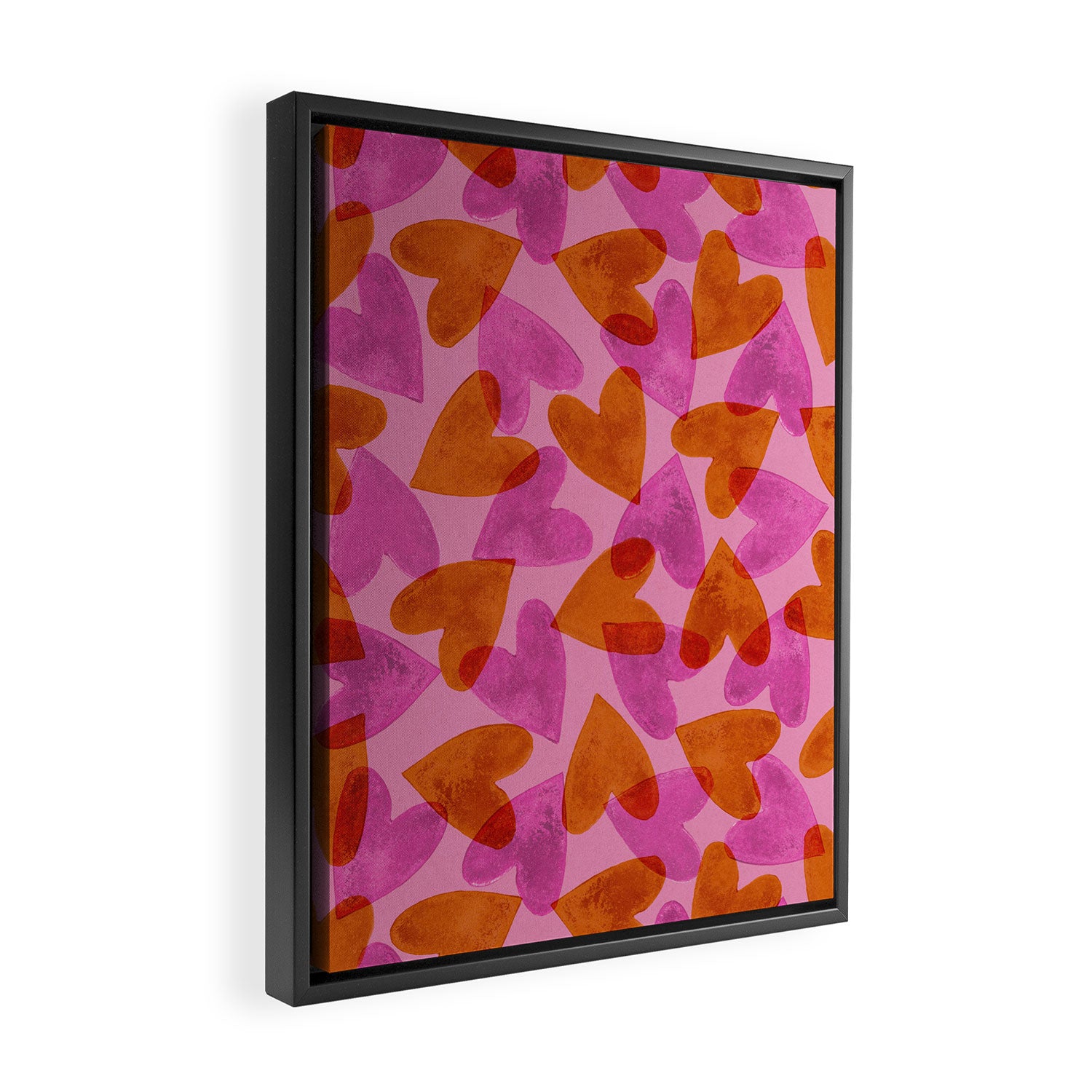 Linocut Hearts / Pink & Orange Framed Canvas Print Gallery Image 2