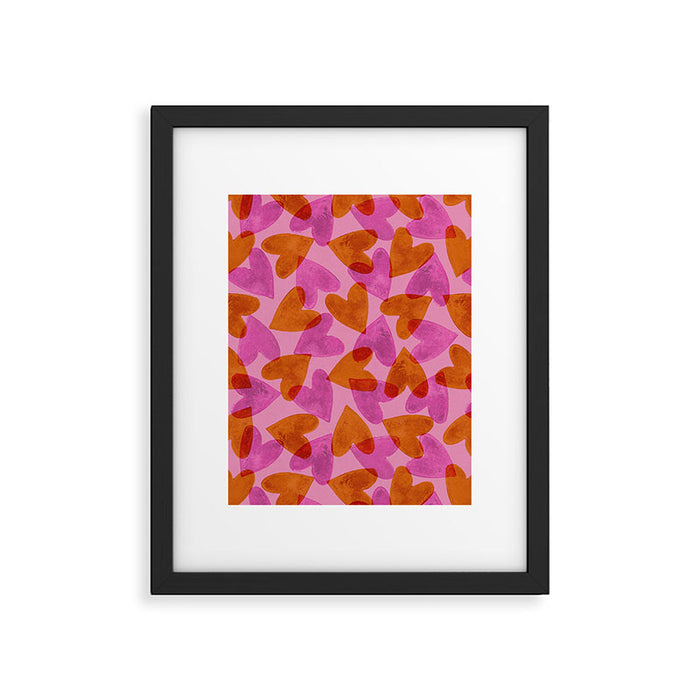 Linocut Hearts / Pink & Orange Framed Art Print Gallery Image 1
