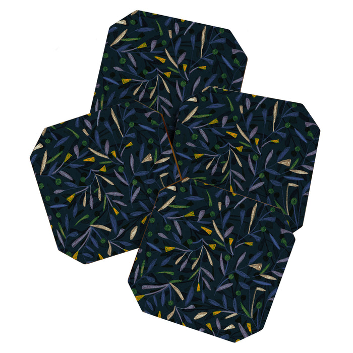 Midnight Floral Pattern 2 - Blue and Yellow Coaster Gallery Image 1