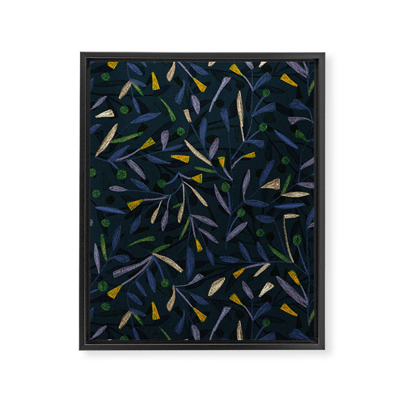Midnight Floral Pattern 2 - Blue and Yellow Framed Canvas Print Gallery Image 6