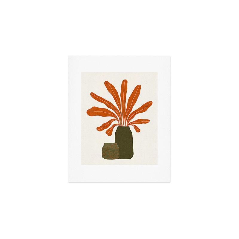 Two Green Vases & Orange Plant Art Print Gallery Image 1