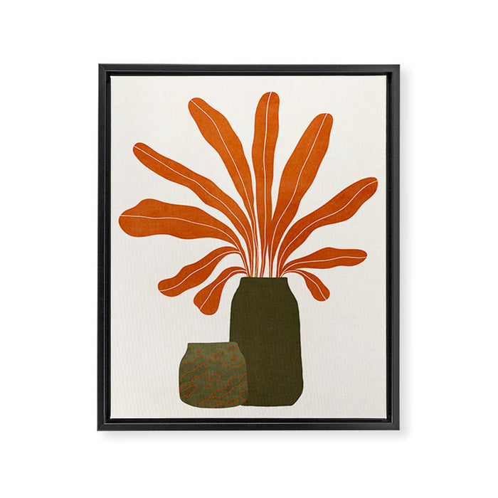 Two Green Vases & Orange Plant Framed Canvas Print Gallery Image 1
