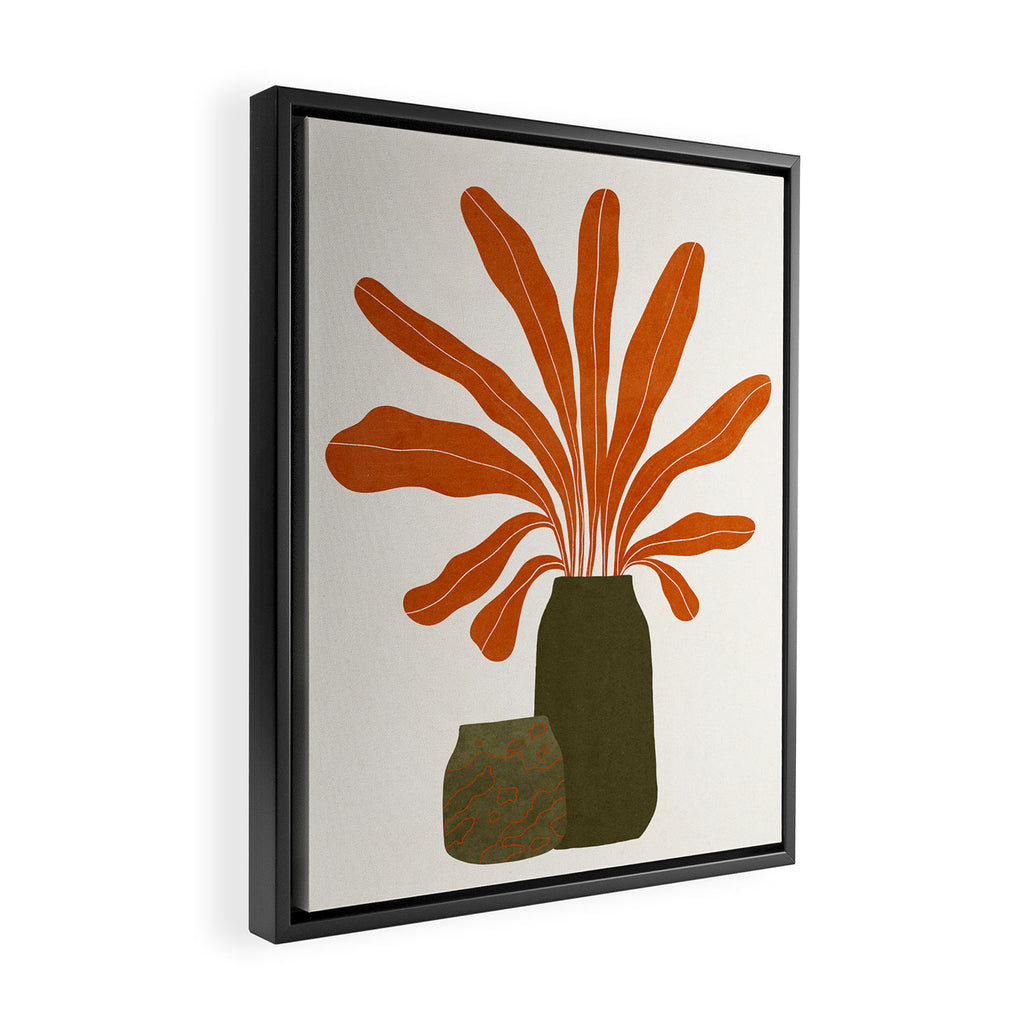 Two Green Vases & Orange Plant Framed Canvas Print Gallery Image 2