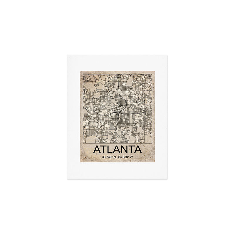 Atlanta Retro Worn Paper City Map Art Print Gallery Image 1