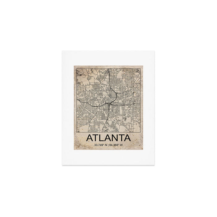 Atlanta Retro Worn Paper City Map Art Print Gallery Image 1