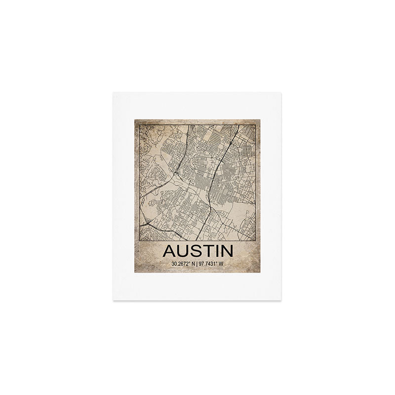 Austin Retro Worn Paper City Map Art Print Gallery Image 1
