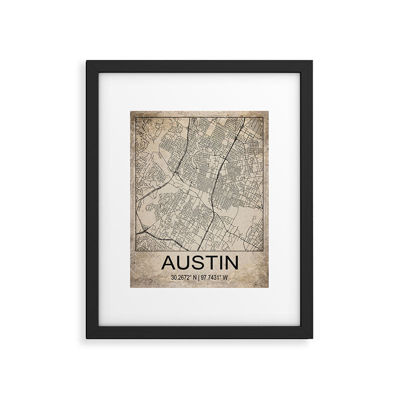 Austin Retro Worn Paper City Map Framed Art Print Gallery Image 5