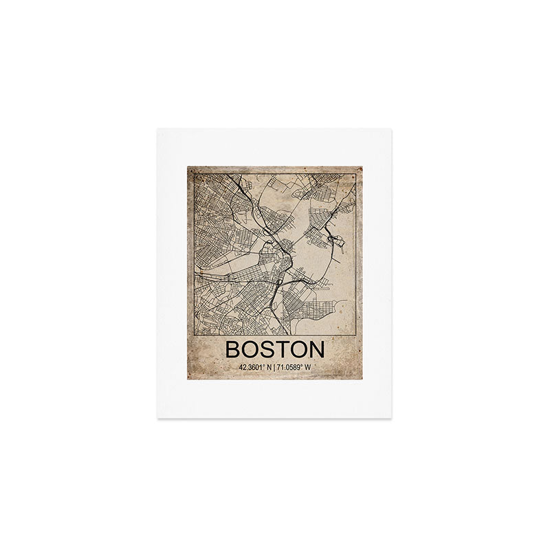 Boston Retro Worn Paper City Map Art Print Gallery Image 1