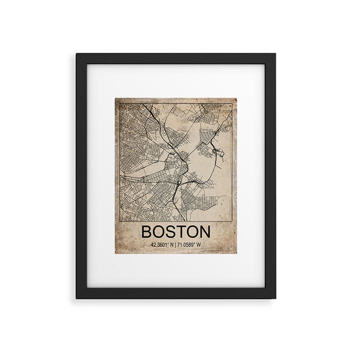 Boston Retro Worn Paper City Map Framed Art Print Gallery Image 1