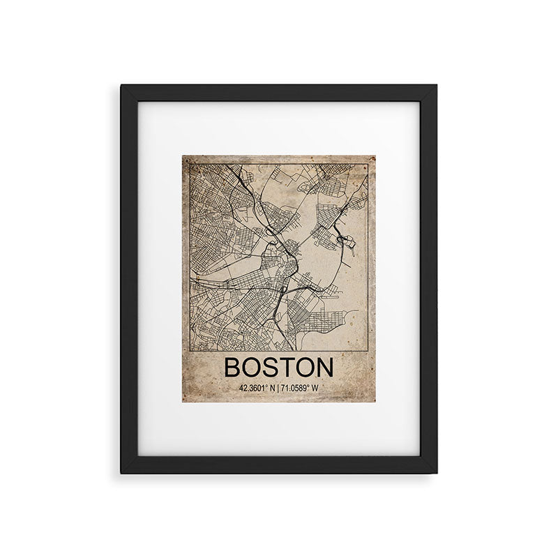 Boston Retro Worn Paper City Map Framed Art Print Gallery Image 5