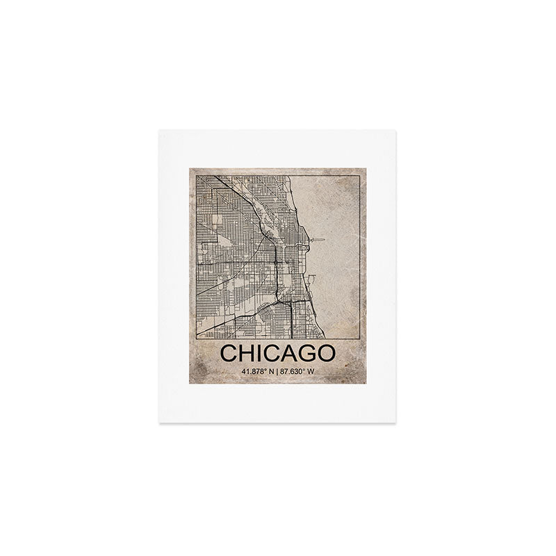 Chicago Retro Worn Paper City Map Art Print Gallery Image 1