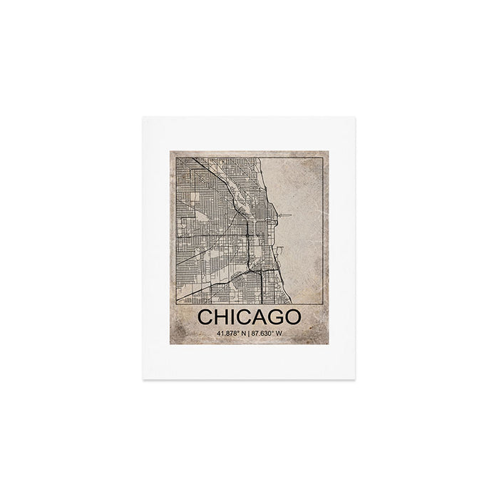 Chicago Retro Worn Paper City Map Art Print Gallery Image 1