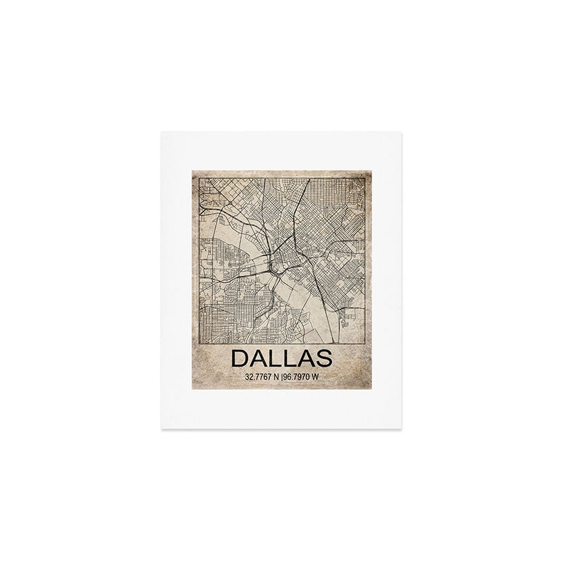 Dallas Retro Worn Paper City Map  Art Print Gallery Image 1