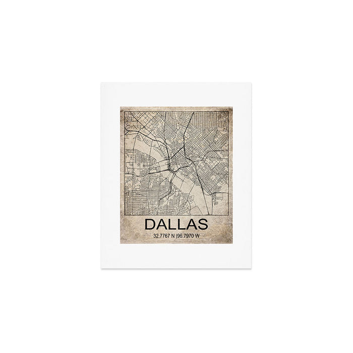 Dallas Retro Worn Paper City Map  Art Print Gallery Image 1