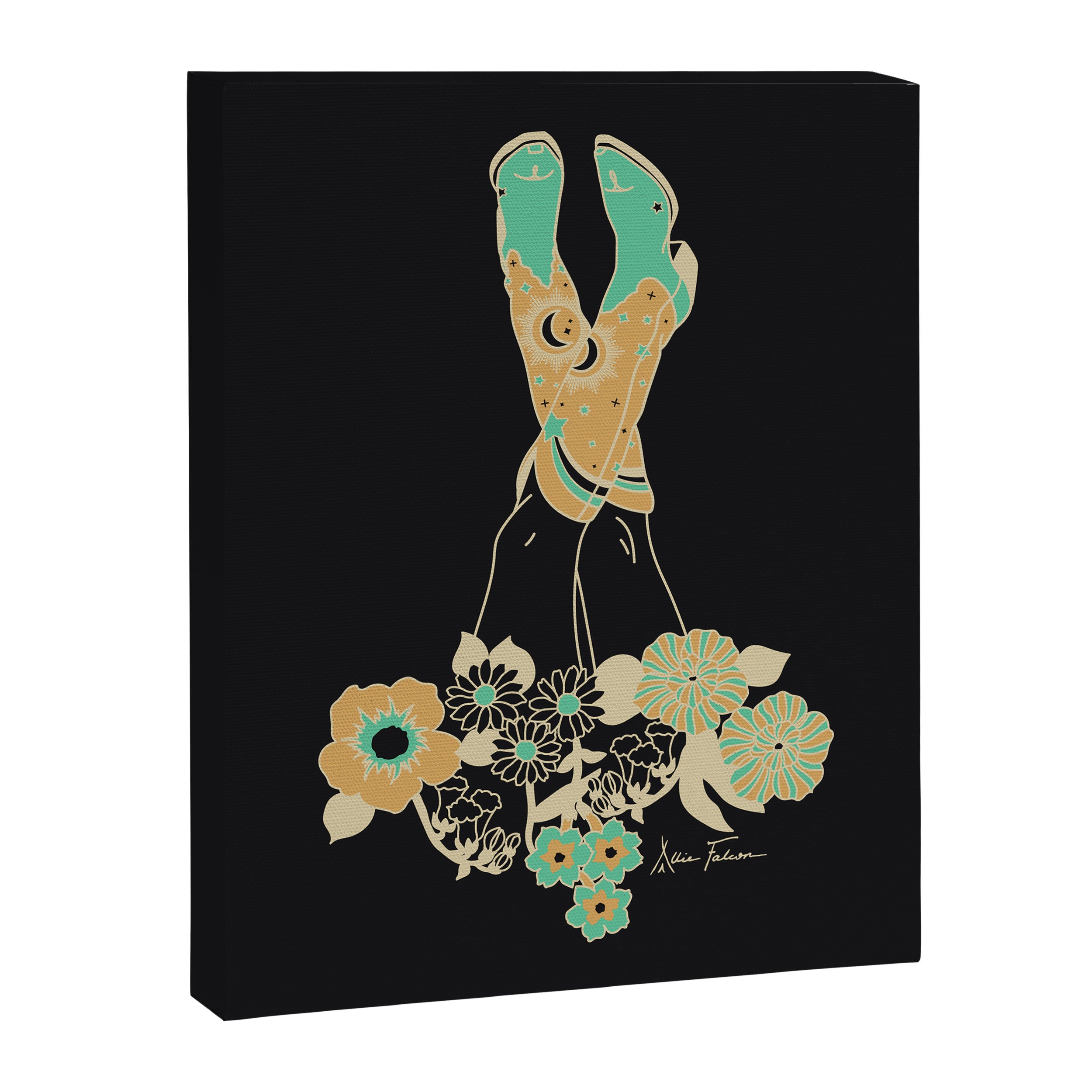 Love Stoned Cowboy Boots - Emerald, Cream, Black Canvas Print Gallery Image 8