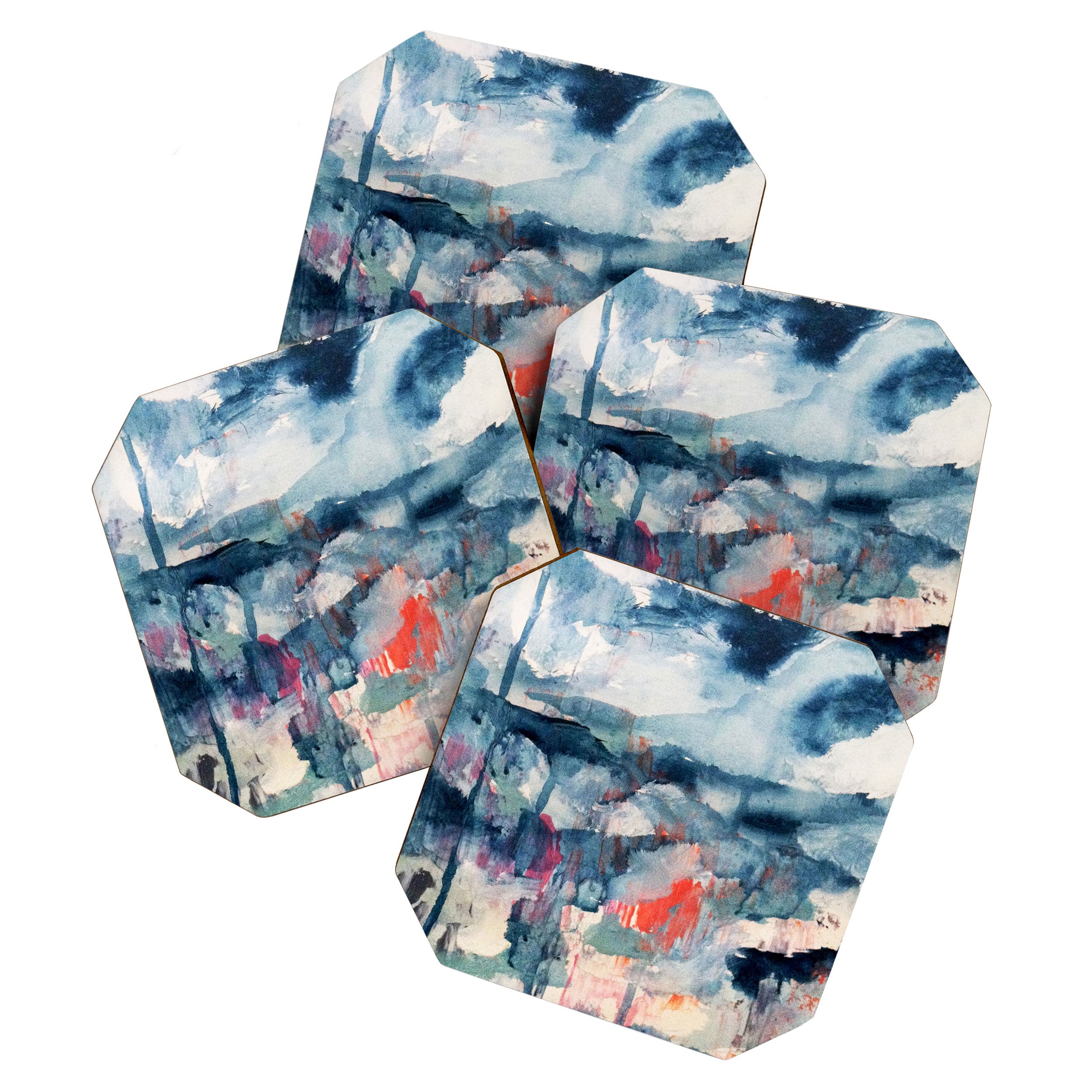 Before the Storm - an abstract acrylic and ink piece in blues, white, pink, and red Coaster Gallery Image 1