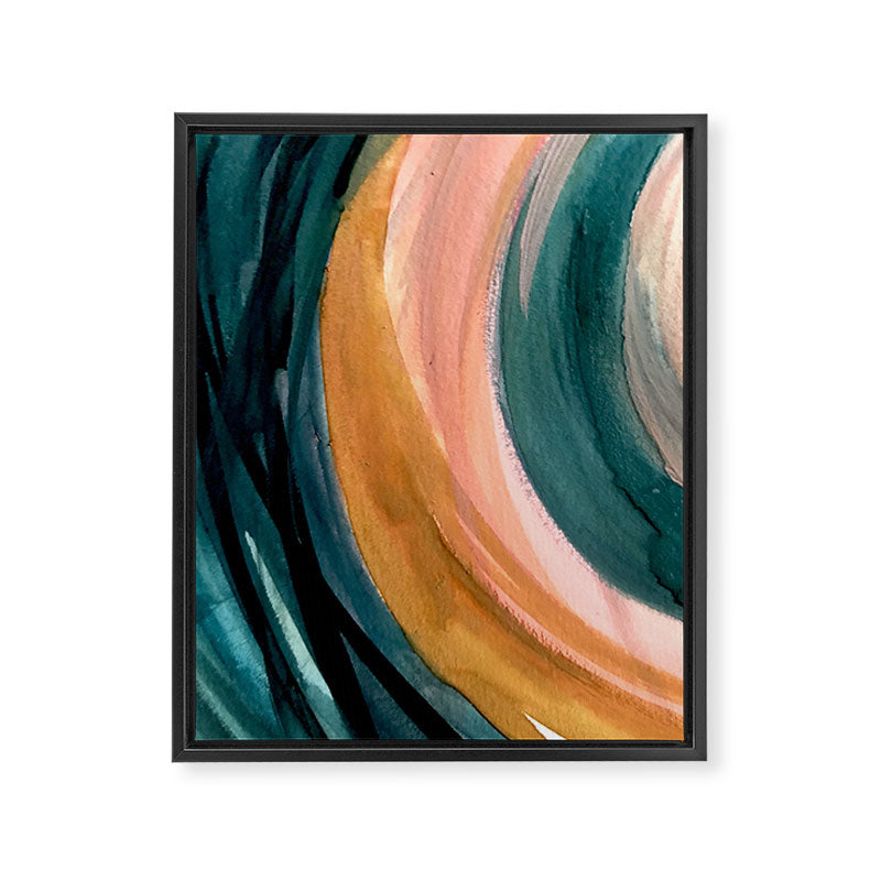 Breathe: a vibrant bold abstract piece in greens, ochre, and pink Framed Canvas Print Gallery Image 6
