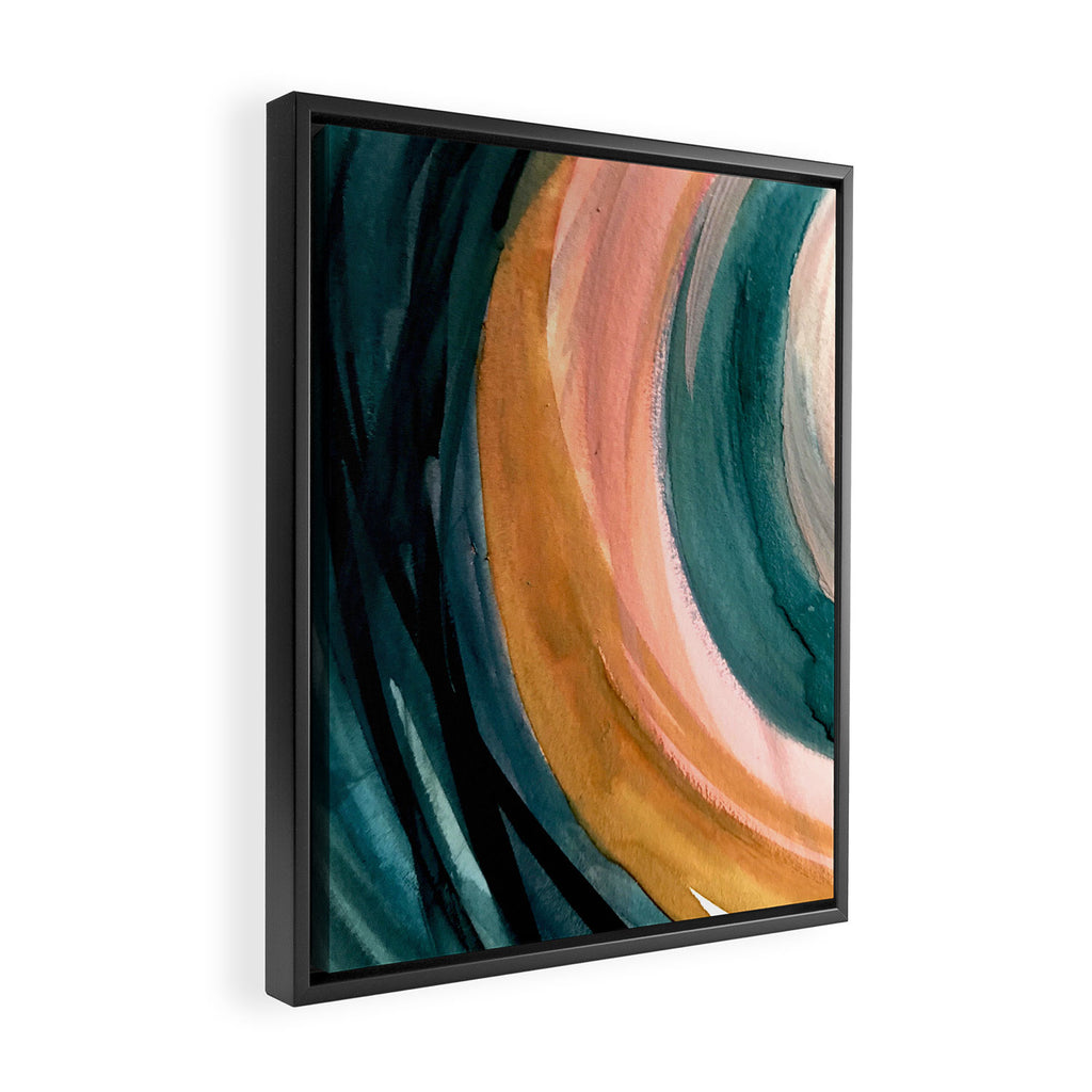 Breathe: a vibrant bold abstract piece in greens, ochre, and pink Framed Canvas Print Gallery Image 2