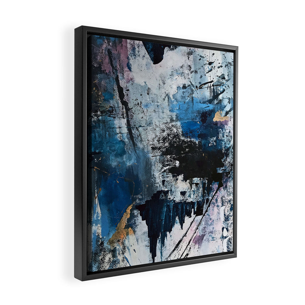 Breathe: colorful abstract in black, blue, purple, gold and white Framed Canvas Print Gallery Image 2