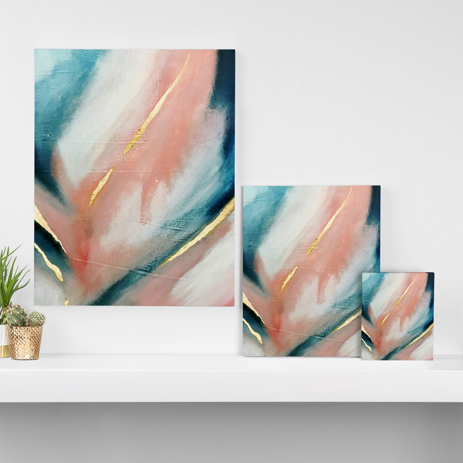 Celestial [3]: a minimal abstract mixed-media piece in Pink, Blue, and gold by Alyssa Hamilton Art Canvas Print Gallery Image 3
